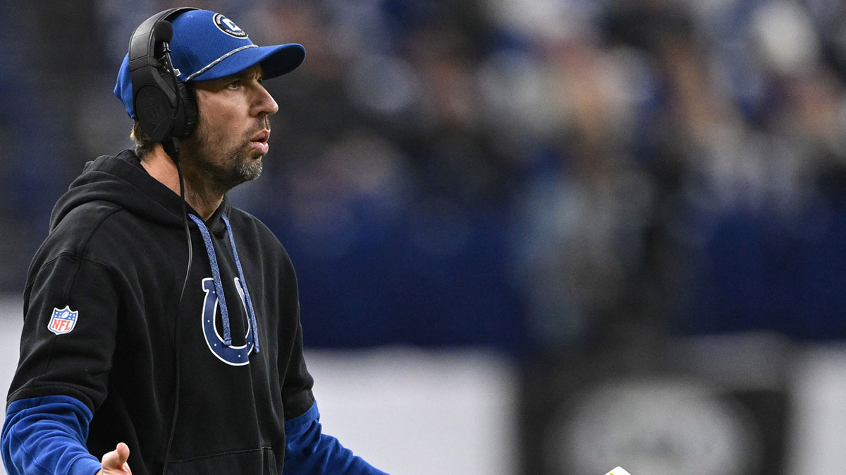 Indianapolis Colts head coach Shane Steichen reacts to a call during the second half against the Jacksonville Jaguars at Lucas Oil Stadium.