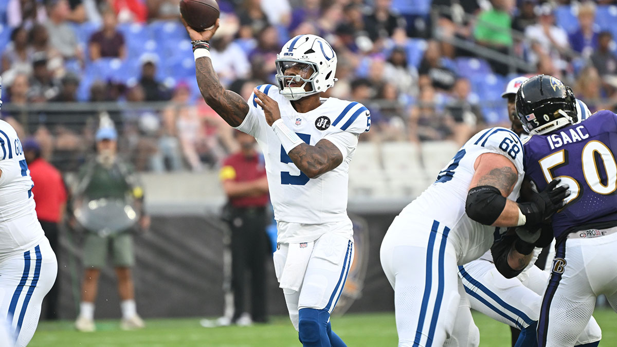 Indianapolis Colts quarterback Anthony Richardson Sr. (5) attempts a pass against the Baltimore Ravens during the first quarter at M&T Bank Stadium.