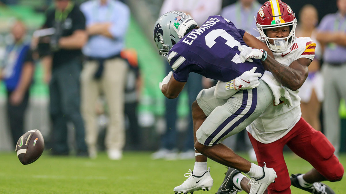 Kansas State player Dylan Edwards in action during the Aer Lingus Classic between Iowa State and Kansas State at Aviva Stadium.