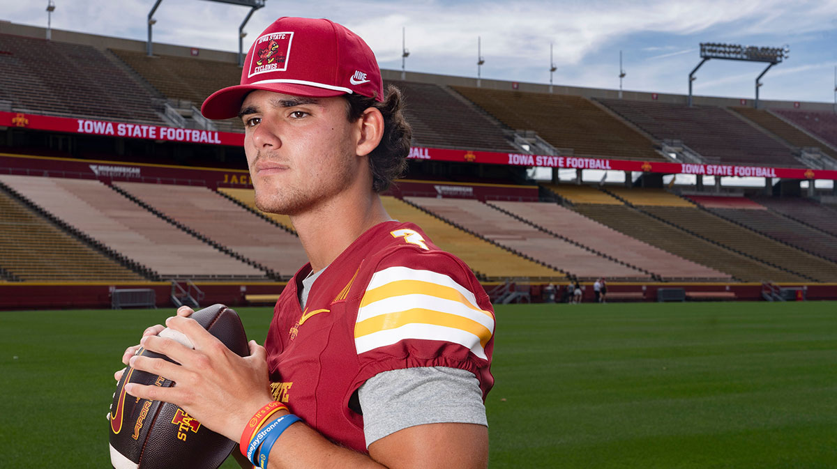 Iowa State quarterback Rocco Becht stands for a portrait during Iowa State football media day
