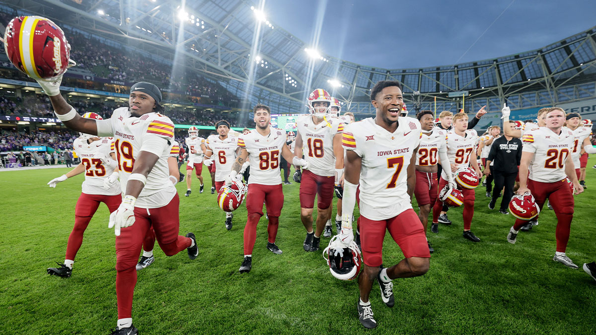 Iowa State players celebrate after defeating Kansas State during the Aer Lingus Classic between Iowa State and Kansas State at Aviva Stadium.