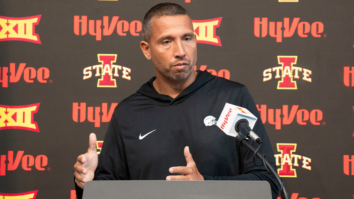 Iowa State football head coach Matt Campbell speaks during Iowa State football media day at Stark Performance Center on July 25, 2025, in Ames.