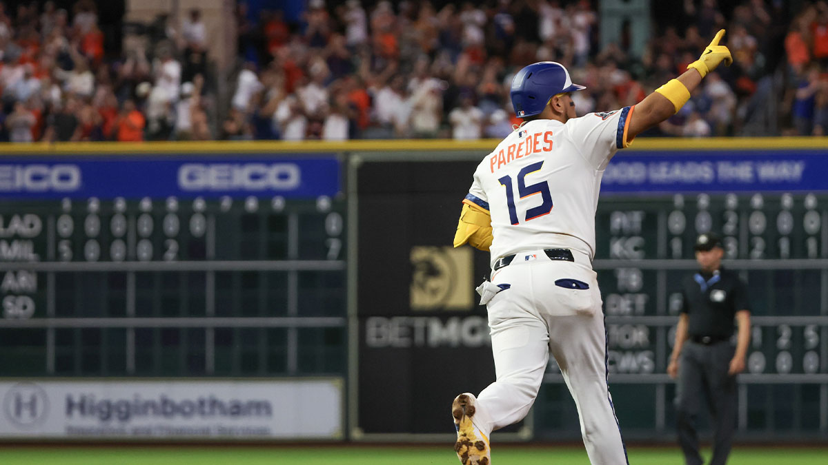 Jul 7, 2025; Houston, Texas, USA; Houston Astros third baseman Isaac Paredes (15) reacts to his home run against the Cleveland Guardians in the fifth inning at Daikin Park. 