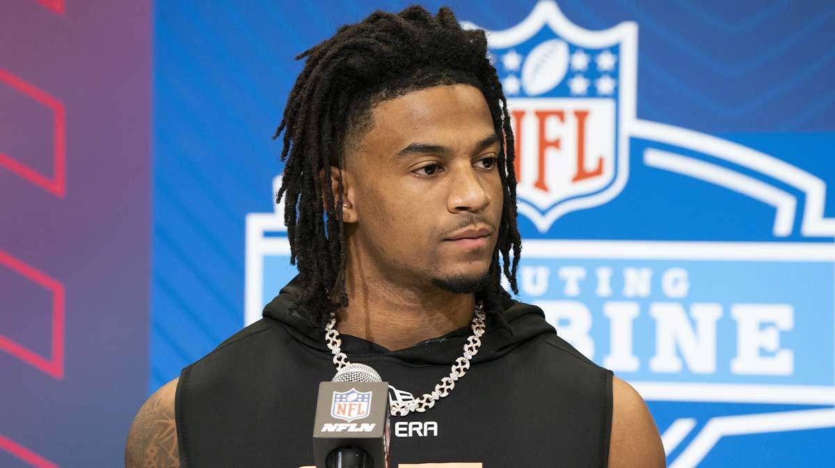 Texas wideout Isaiah Bond (WO05) answers questions at a press conference during the 2025 NFL Combine at Indiana Convention Center.