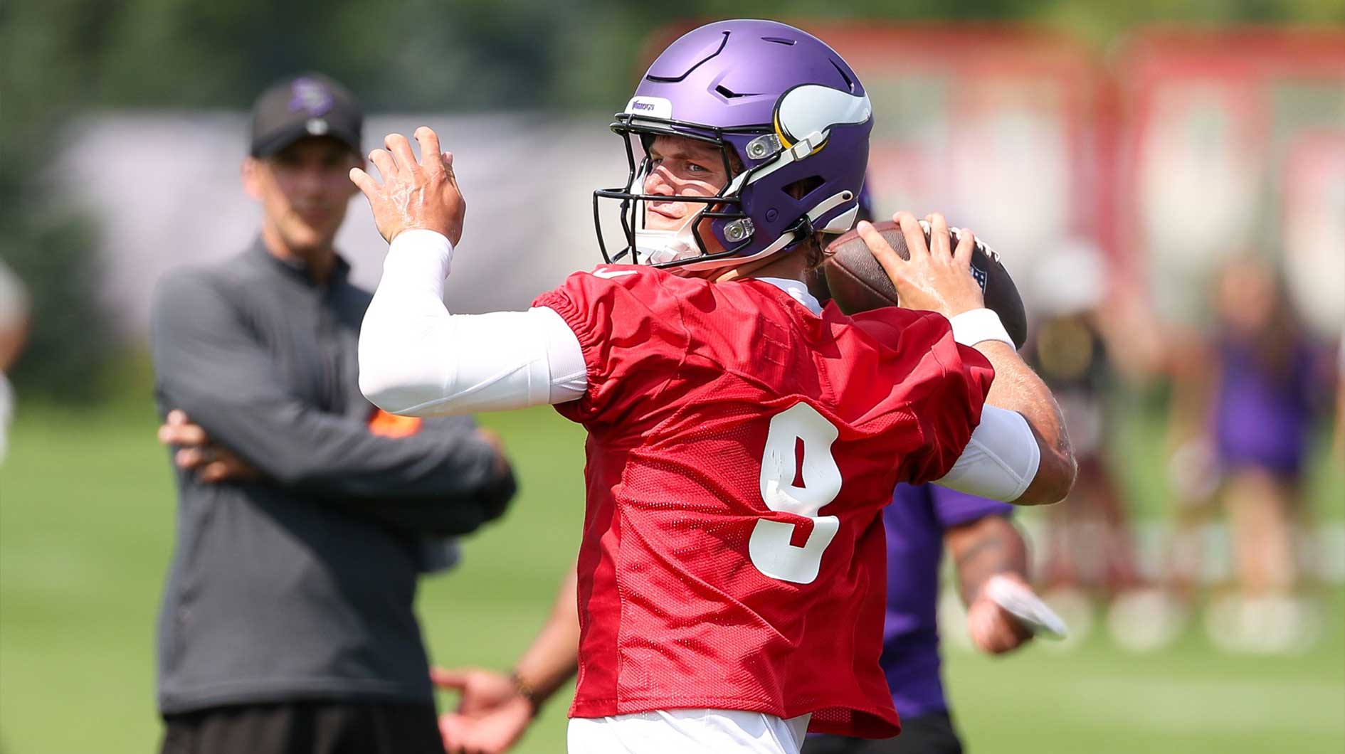 Jul 29, 2025; Eagan, MN, USA; Minnesota Vikings quarterback J.J. McCarthy (9) takes part in drills during the teams training camp at the Minnesota Vikings Training Facility.