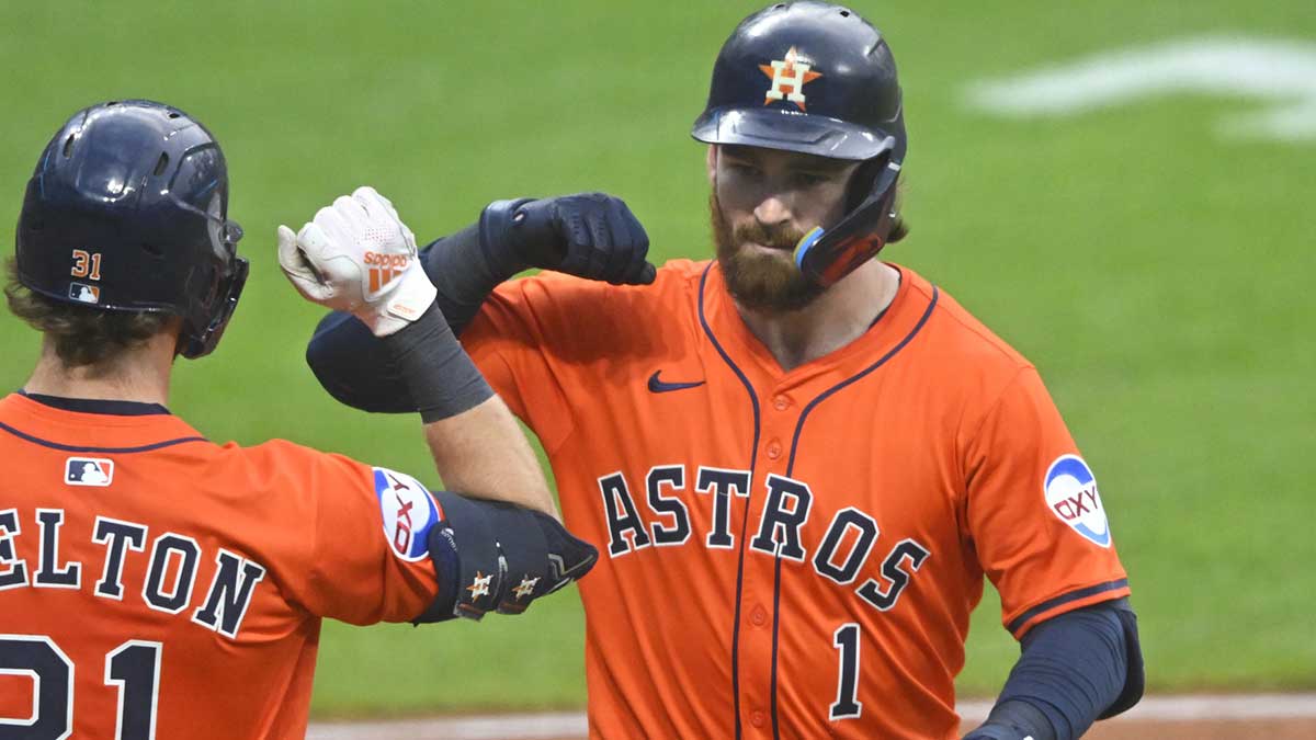 Houston Astros second baseman Brendan Rodgers (1) celebrates his solo home run with center fielder Jacob Melton (31) in the sixth inning against the Cleveland Guardians at Progressive Field.