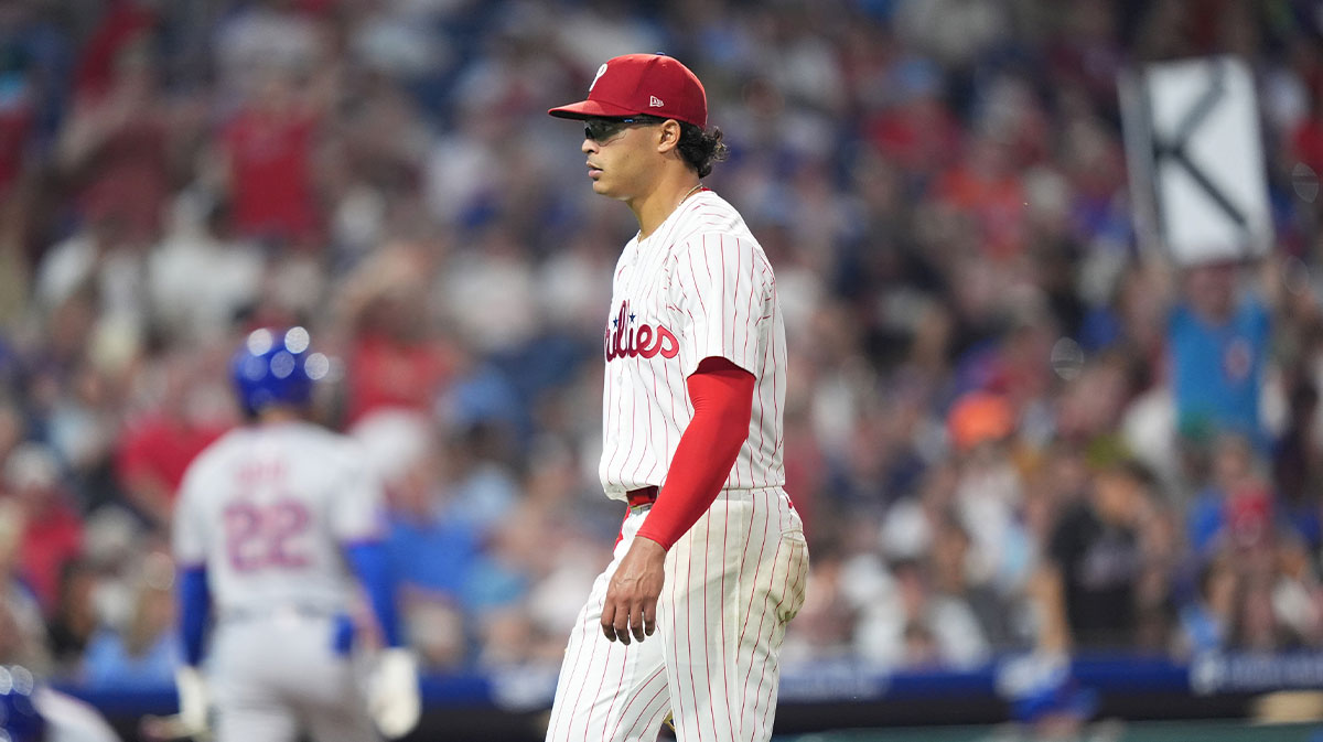 Philadelphia Phillies starting pitcher Jesus Luzardo (44) walks to the dugout after striking out New York Mets outfielder Juan Soto (22) in the sixth inning at Citizens Bank Park.
