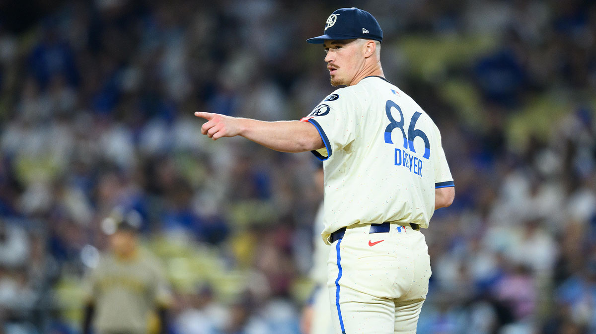 Los Angeles Dodgers relief pitcher Jack Dreyer (86) gestures after a play during the ninth inning against the San Diego Padres at Dodger Stadium.