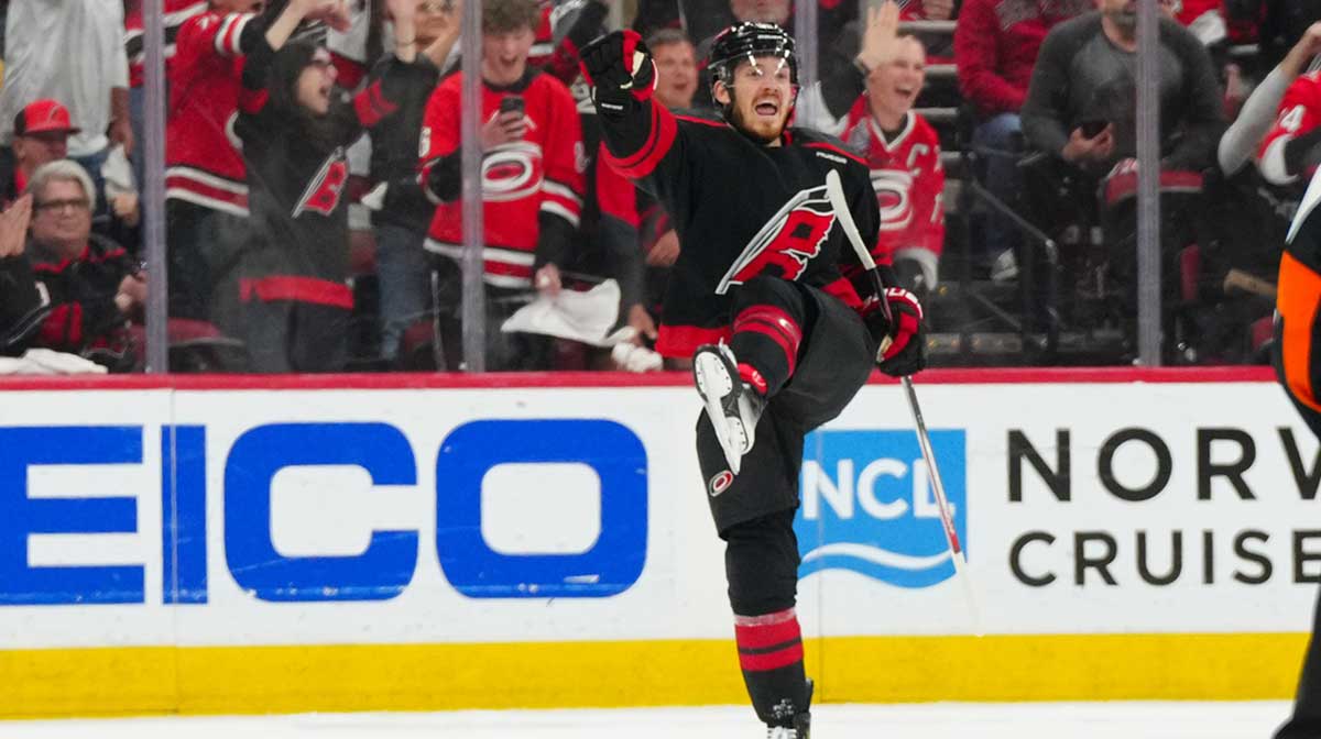 Carolina Hurricanes center Jack Roslovic (96) celebrates his goal against the Washington Capitals during the second period in game three of the second round of the 2025 Stanley Cup Playoffs at Lenovo Center.