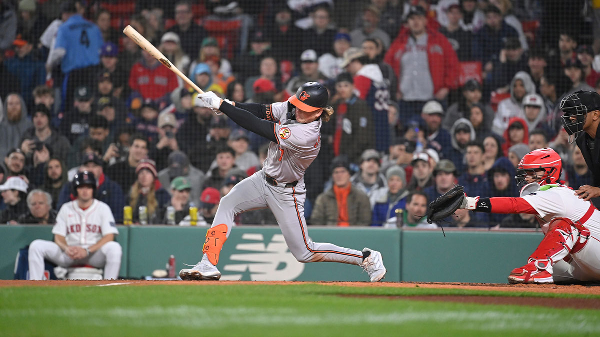 Baltimore Orioles second baseman Jackson Holiday (7) bats against the Boston Red Sox during the third inning at Fenway Park.