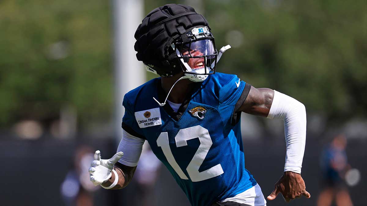 Jacksonville Jaguars wide receiver Travis Hunter (12) runs after an NFL training camp session at the Miller Electric Center, Sunday, Aug. 3, 2025, in Jacksonville, Fla. [Corey Perrine/Florida Times-Union]