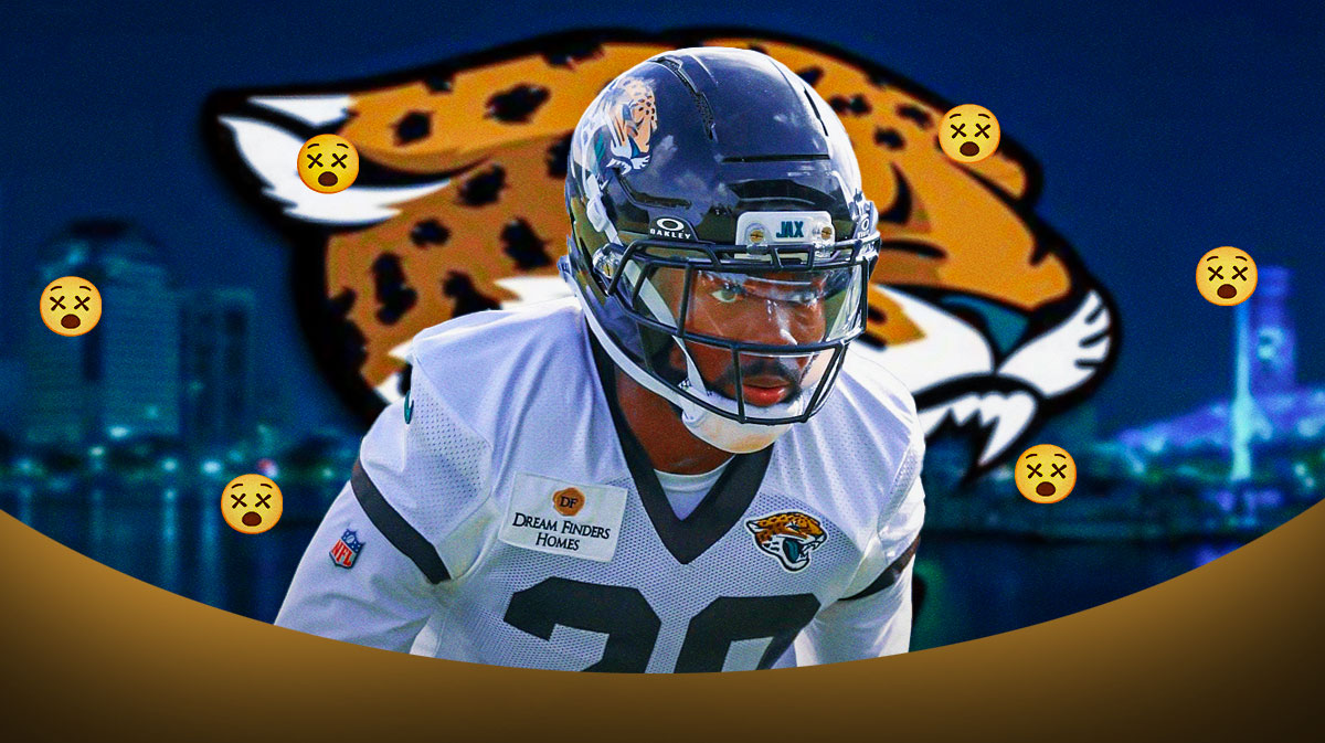 Eric Murray in the middle with 😵 emojis around him, Jacksonville Jaguars logo in the background