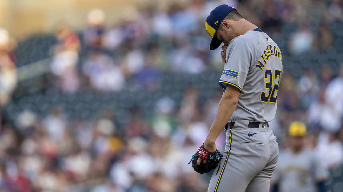 Milwaukee Brewers starting pitcher Jacob Misiorowski (32) looks down at the mound before delivering a pitch against the Minnesota Twins in the first inning at Target Field.