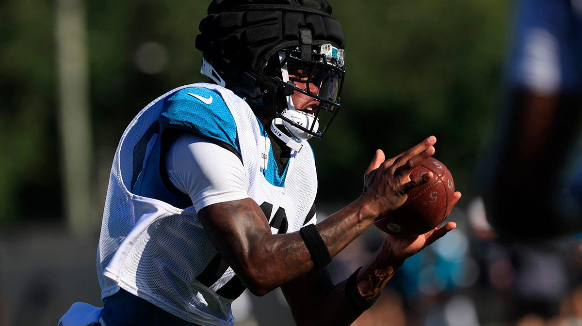 Jacksonville Jaguars wide receiver Travis Hunter (12) catches a pass during an NFL training camp session at the Miller Electric Center, Wednesday, Aug. 6, 2025, in Jacksonville, Fla.