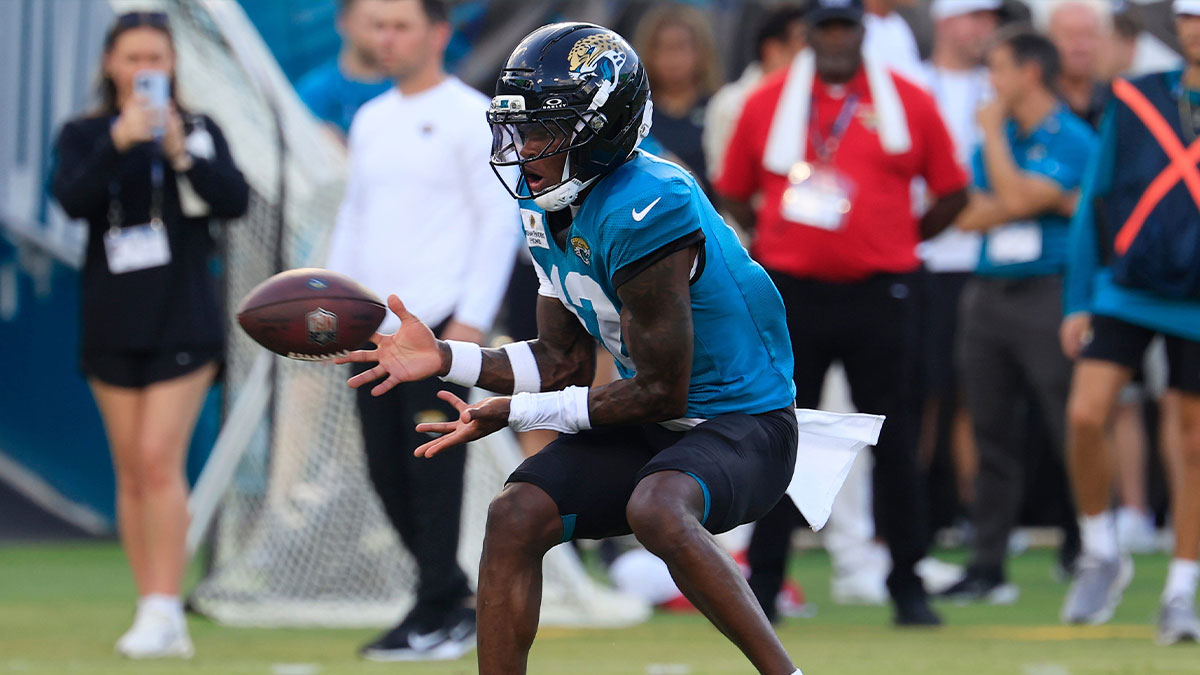 Jacksonville Jaguars wide receiver Travis Hunter (12) catches a pass during an NFL scrimmage event at EverBank Stadium, Friday, Aug. 1, 2025, in Jacksonville, Fla.