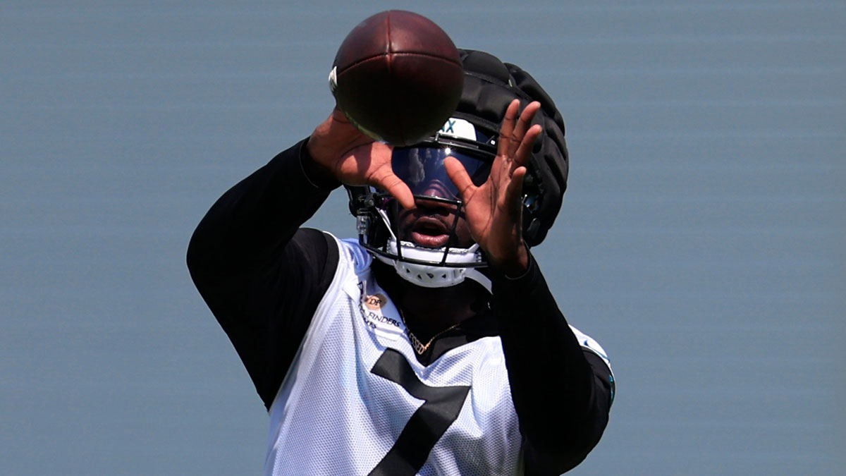 Jaguars wide receiver Brian Thomas Jr. (7) catches a pass during an NFL training camp session at the Miller Electric Center, Friday Aug. 15, 2025 in Jacksonville, Fla. with Kyren Lacy in the background