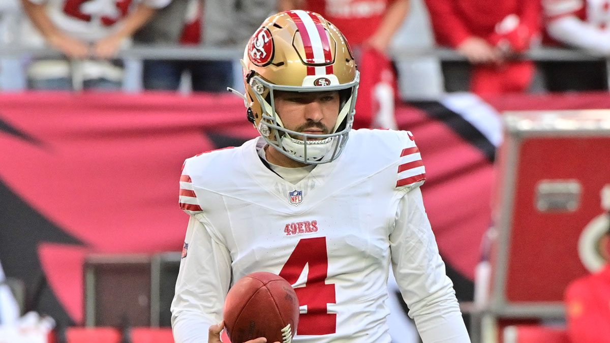San Francisco 49ers place kicker Jake Moody (4) looks on prior to the game against the Arizona Cardinals at State Farm Stadium.