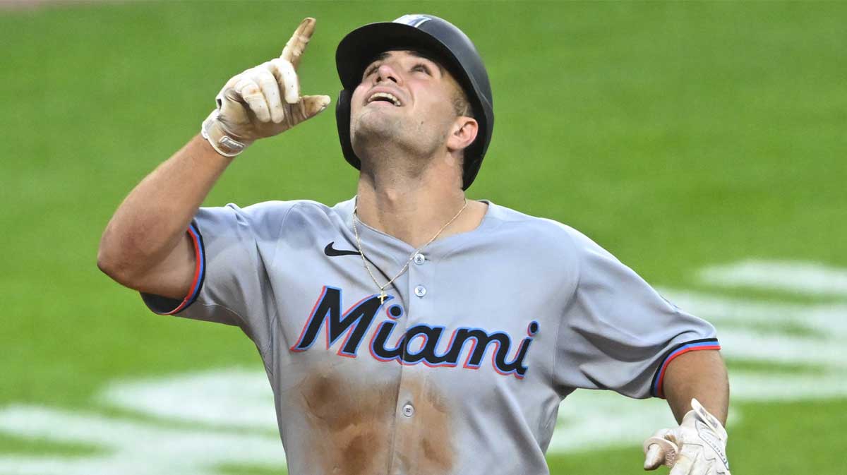 Miami Marlins center fielder Jakob Marsee (87) celebrates his two-run home run in the fifth inning against the Cleveland Guardians at Progressive Field.