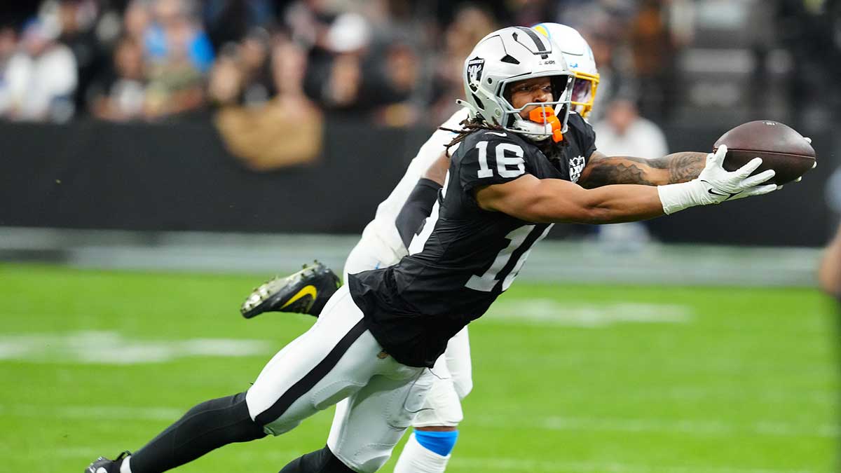 Las Vegas Raiders wide receiver Jakobi Meyers (16) makes a catch against the Los Angeles Chargers during the first quarter at Allegiant Stadium.