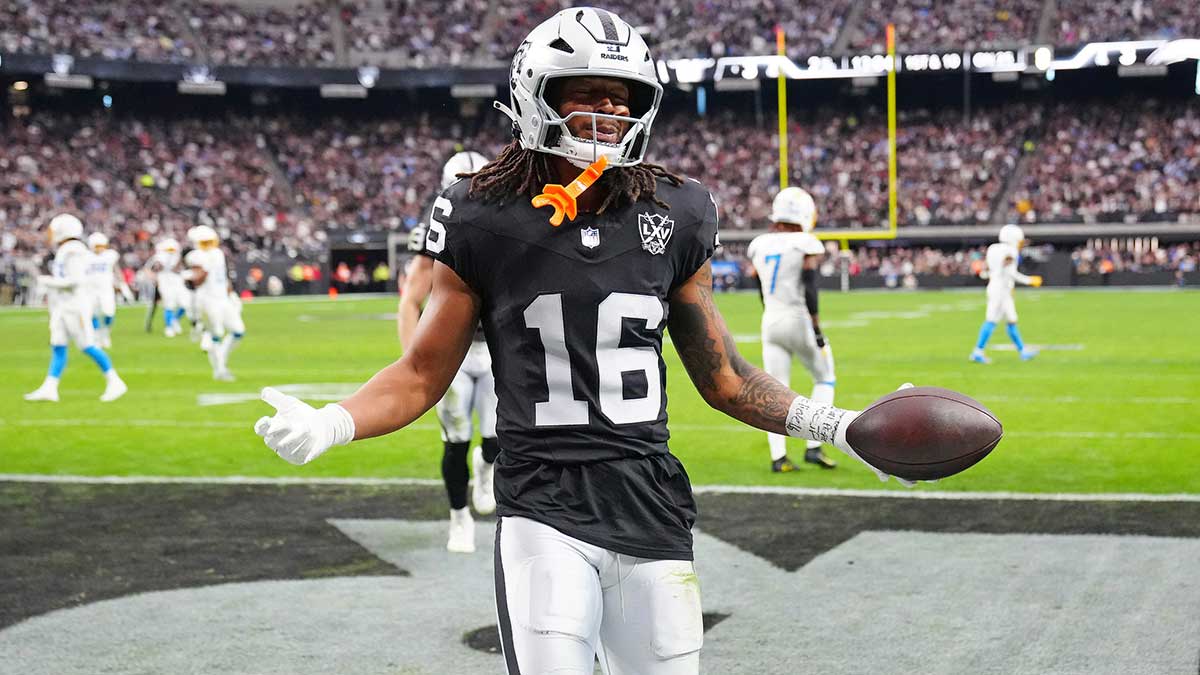 Las Vegas Raiders wide receiver Jakobi Meyers (16) celebrates after scoring a touchdown against the Los Angeles Chargers during the second quarter at Allegiant Stadium.