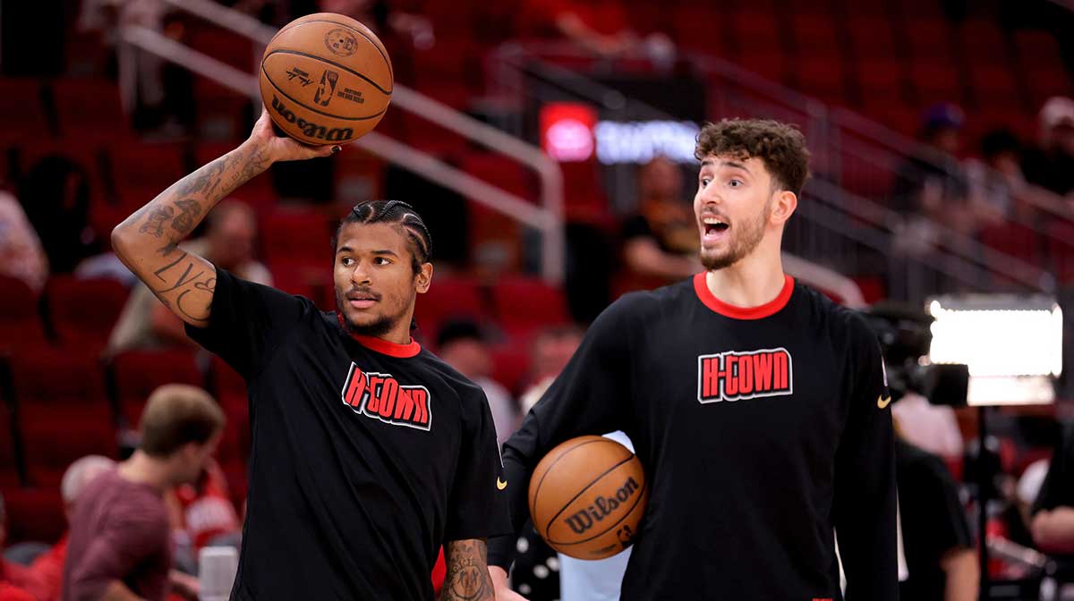 Houston Rockets guard Jalen Green (4) and center Alperen Sengun (28) warm up prior to the game against the Oklahoma City Thunder at Toyota Center.