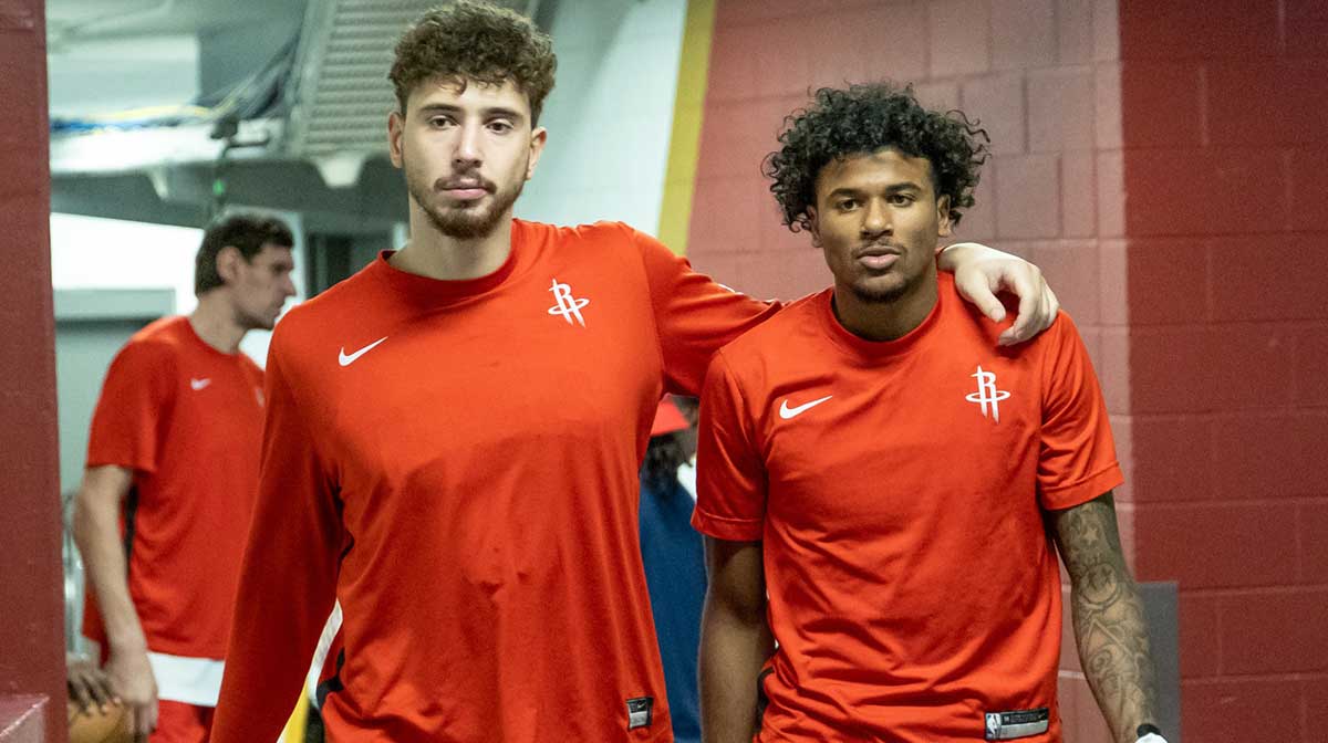 Dec 23, 2023; New Orleans, Louisiana, USA; Houston Rockets center Alperen Sengun (28) and guard Jalen Green (4) come out the locker room to play against the New Orleans Pelicans before the first half at Smoothie King Center. Mandatory Credit: Stephen Lew-Imagn Images