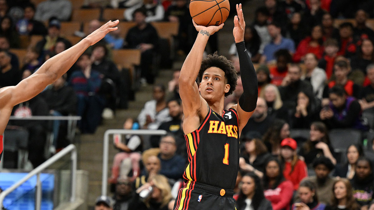 Atlanta Hawks forward Jalen Johnson (1) shoots the ball against the Toronto Raptors in the first half at Scotiabank Arena. 