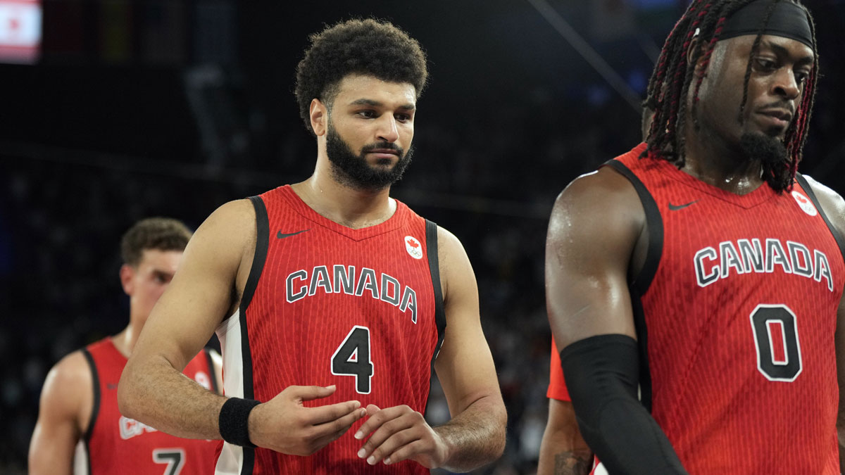 Canada guard Jamal Murray (4) leaves the court after the loss against France in a men’s basketball quarterfinal game during the Paris 2024 Olympic Summer Games at Accor Arena.
