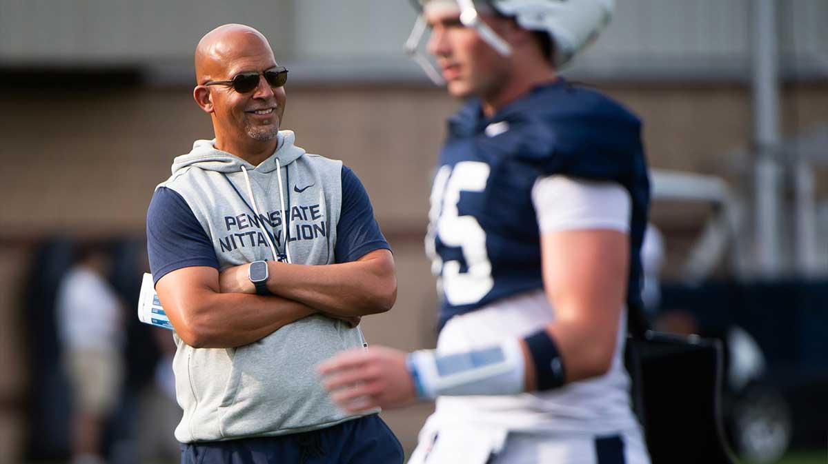 Penn State football head coach James Franklin smiles during a practice session outside Holuba Hall on Saturday, August 2, 2025, in State College.