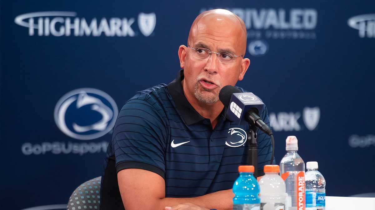 Penn State football head coach James Franklin answers a question at a press conference during football media day in Beaver Stadium on Saturday, August 2, 2025, in State College.