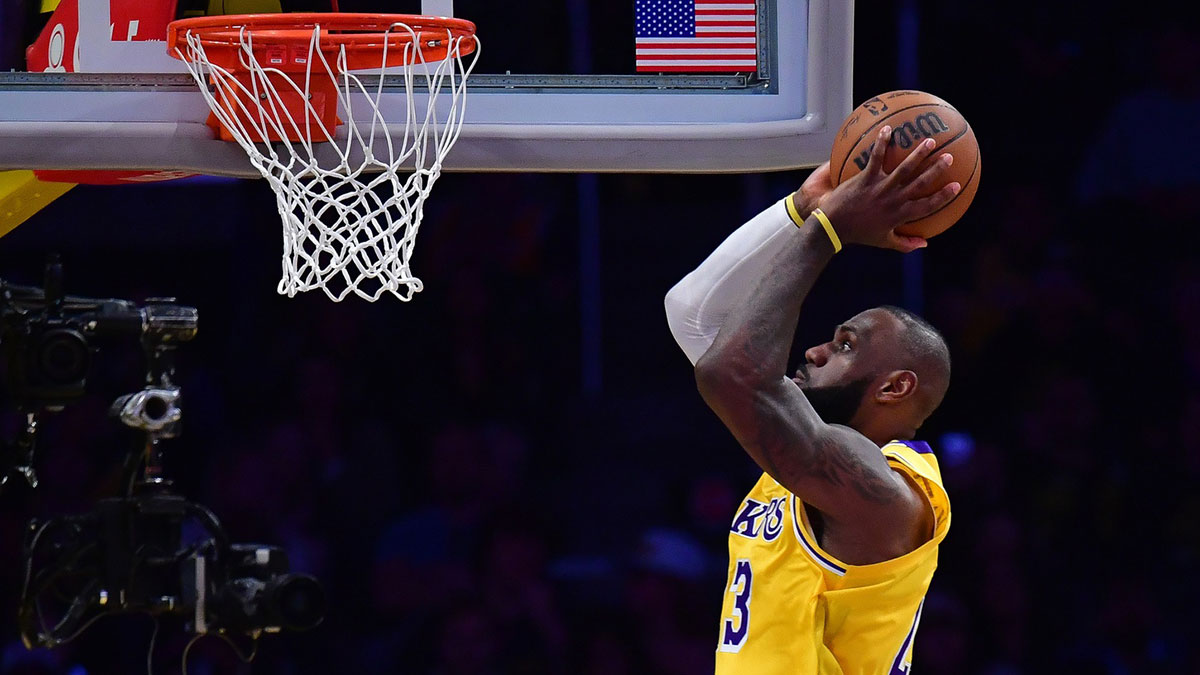 Los Angeles Lakers forward LeBron James (23) moves in for the dunk against the Minnesota Timberwolves during the second half in game five of first round for the 2025 NBA Playoffs at Crypto.com Arena.
