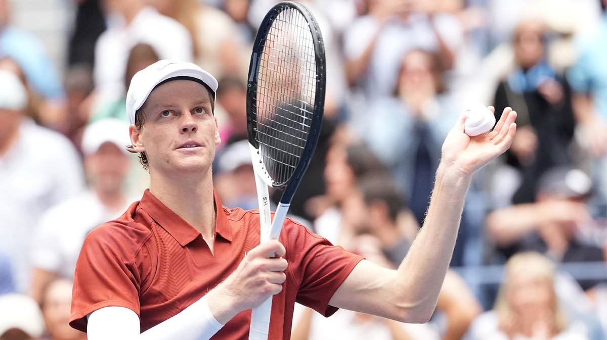 Jannik Sinner (ITA) reacts after beating Alexei Popyrin (AUS) (not pictured) on day five of the 2025 U.S. Open tennis tournament at the USTA Billie Jean King National Tennis Center.