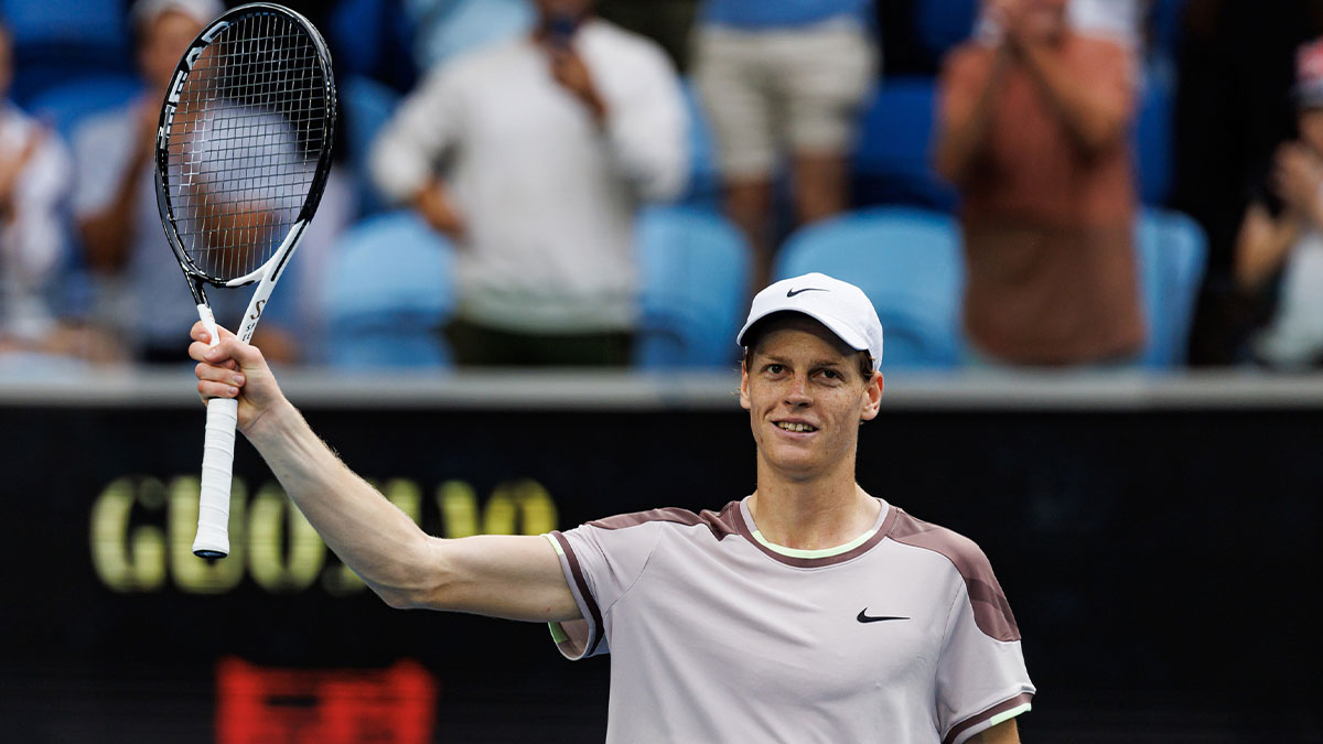 Janik Sinner of Italy celebrates his victory over Karen Kachanov of Russia in the forth round of the men s singles at the Australian Open 2024. 