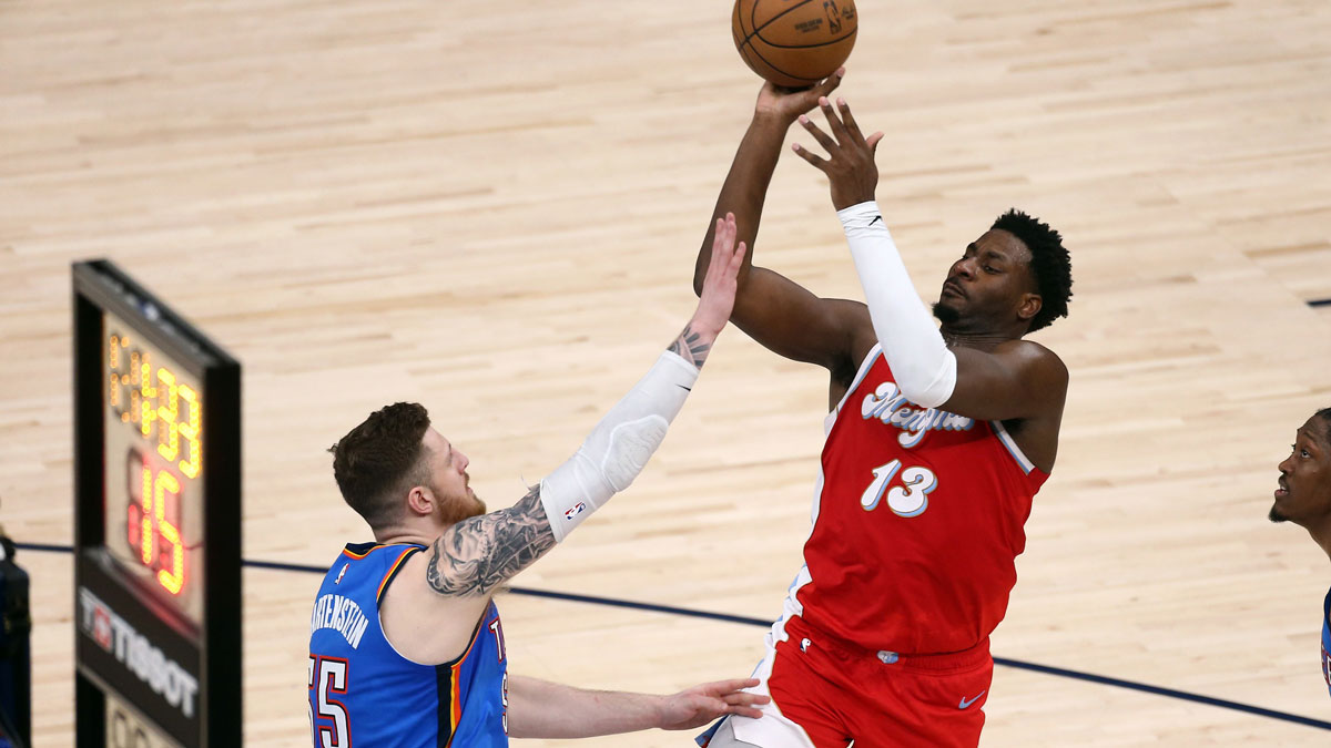 Memphis Grizzlies forward Jaren Jackson Jr. (13) shoots as Oklahoma City Thunder center Isaiah Hartenstein (55) defends during the second quarter during game four for the first round of the 2024 NBA Playoffs at FedExForum.