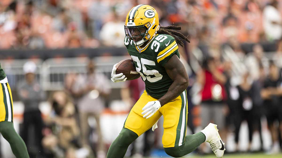 Aug 10, 2024; Cleveland, Ohio, USA; Green Bay Packers running back Jarveon Howard (35) runs the ball against the Cleveland Browns during the fourth quarter