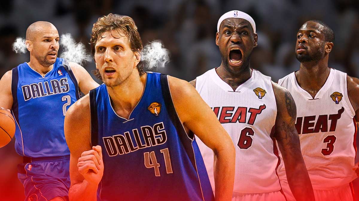 2011 Mavericks Dirk Nowitzki and Mavericks Jason Kidd with steam coming out of their ears and looking serious on left. 2011 Heat LeBron James and Dwyane Wade celebrating on right.