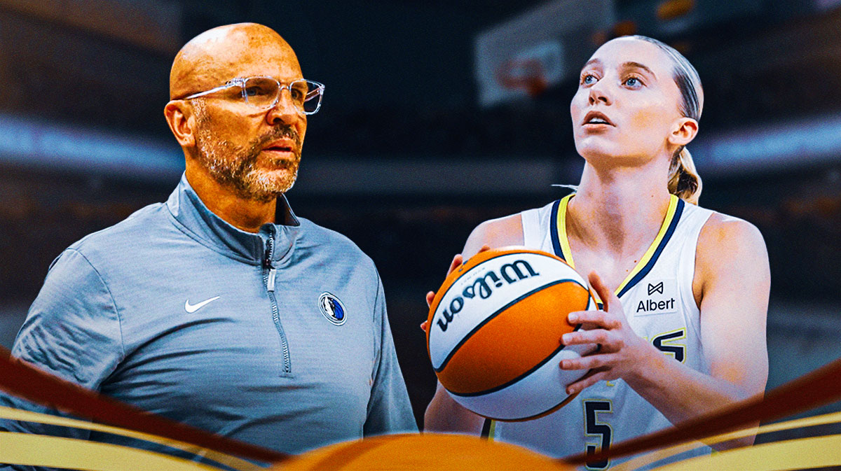 Mavericks Jason Kidd on left, Wings Paige Bueckers shooting a basketball on right.