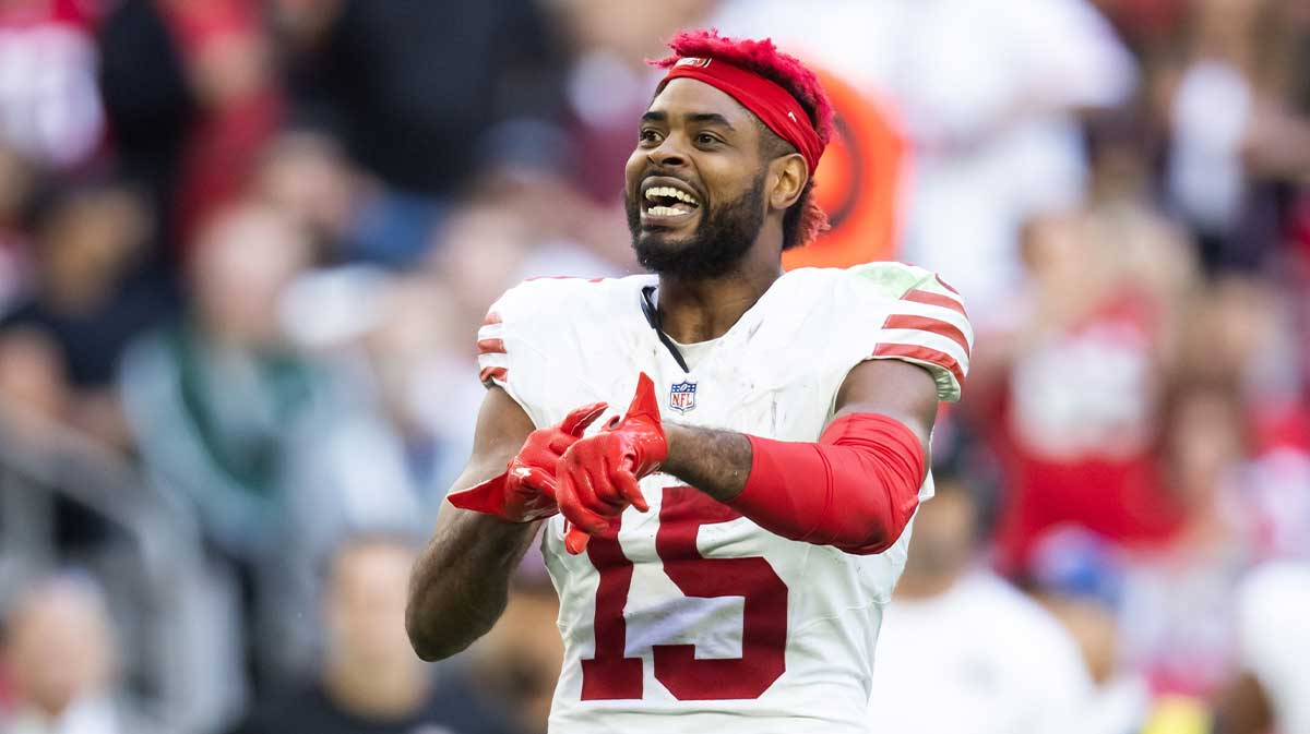San Francisco 49ers wide receiver Jauan Jennings (15) reacts after a fight against the Arizona Cardinals in the first half at State Farm Stadium.