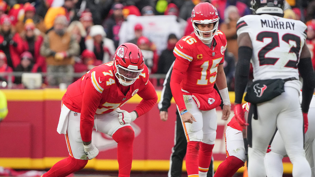 Kansas City Chiefs offensive tackle Jawaan Taylor (74) at the line of scrimmage against the Houston Texans during the first half of a 2025 AFC divisional round game at GEHA Field at Arrowhead Stadium.