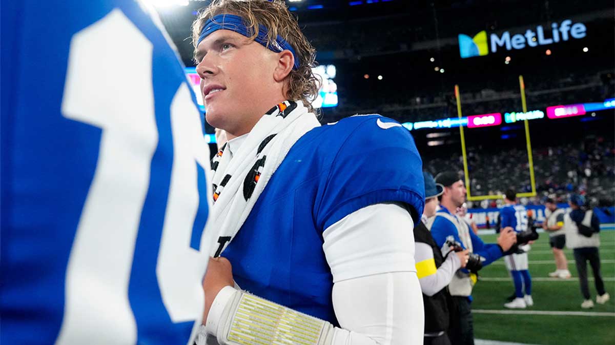 New York Giants quarterback Jaxson Dart is shown after the game.