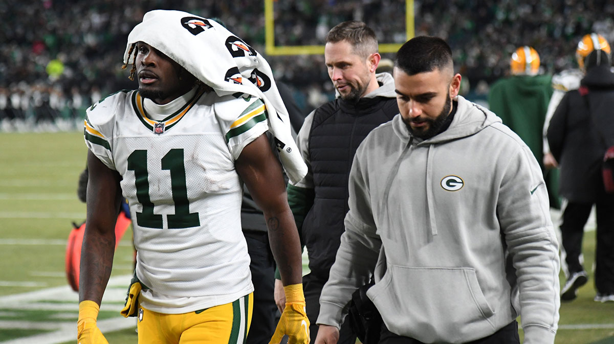 Green Bay Packers wide receiver Jayden Reed (11) reacts after the game against the Philadelphia Eagles in an NFC wild card game at Lincoln Financial Field.