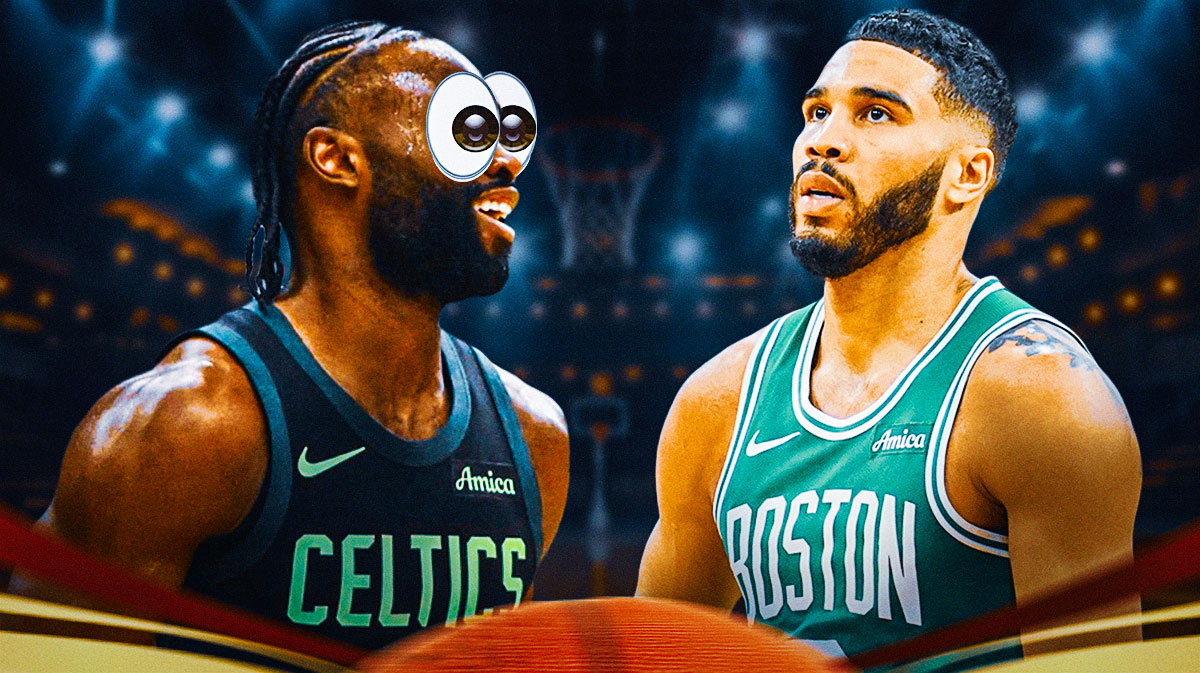 Celtics' Jaylen Brown looking at Jayson Tatum