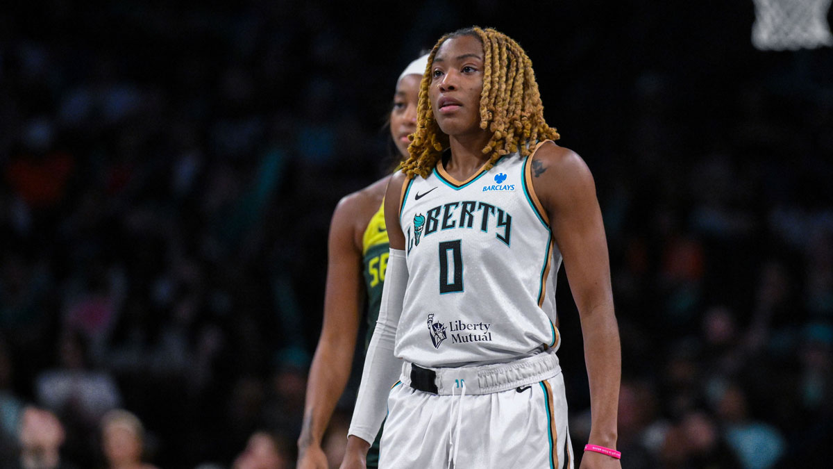 New York Liberty guard Jaylyn Sherrod (0) looks on during the second half of a game against the Seattle Storm at Barclays Center.