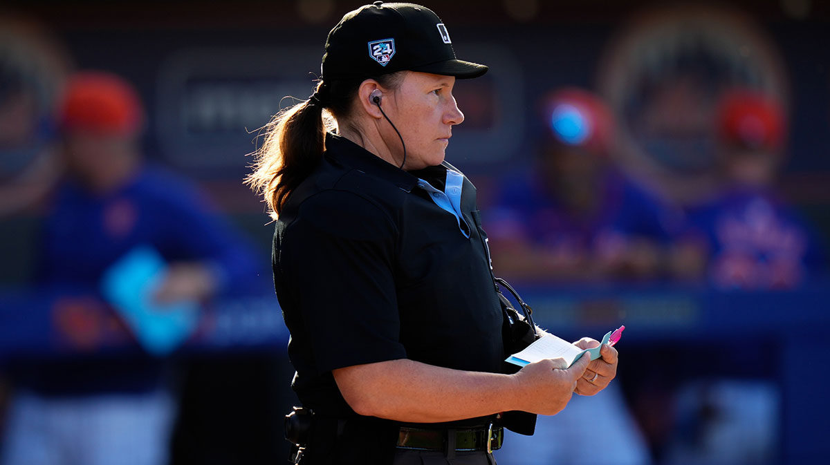 Umpire Jen Pawol looks on during a game between the New York Mets and the St. Louis Cardinals at Clover Park.
