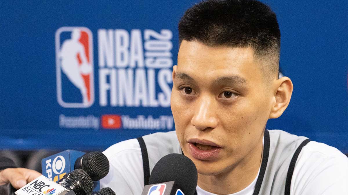 May 29, 2019; Toronto, Ontario, CAN; Toronto Raptors guard Jeremy Lin (17) speaks during media day for the 2019 NBA Finals at Scotiabank Arena. Mandatory Credit: Kyle Terada-Imagn Images