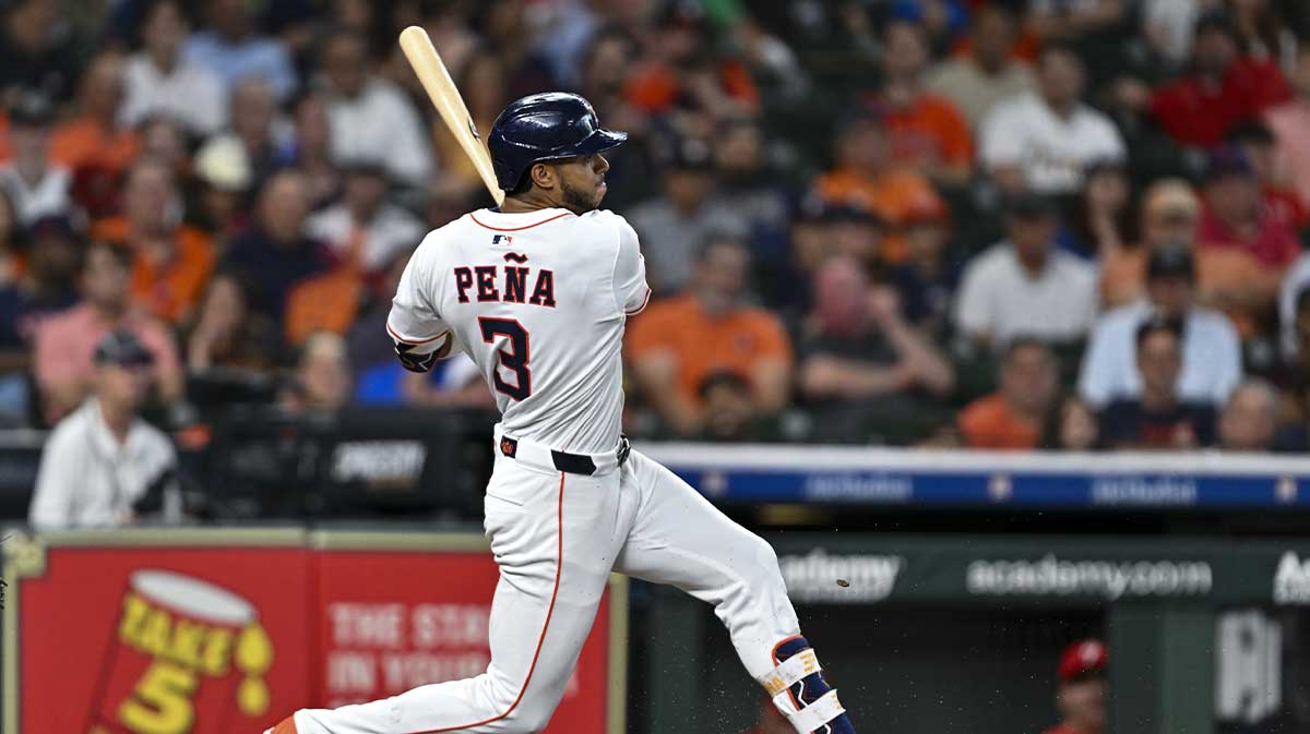 Jun 25, 2025; Houston, Texas, USA; Houston Astros shortstop Jeremy Pena (3) at bat in the second inning against the Philadelphia Phillies at Daikin Park. 