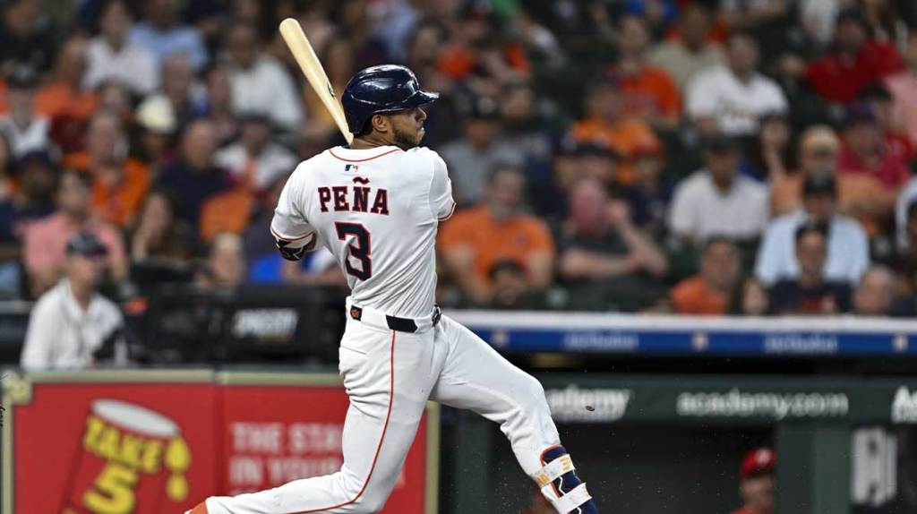 Jun 25, 2025; Houston, Texas, USA; Houston Astros shortstop Jeremy Pena (3) at bat in the second inning against the Philadelphia Phillies at Daikin Park.