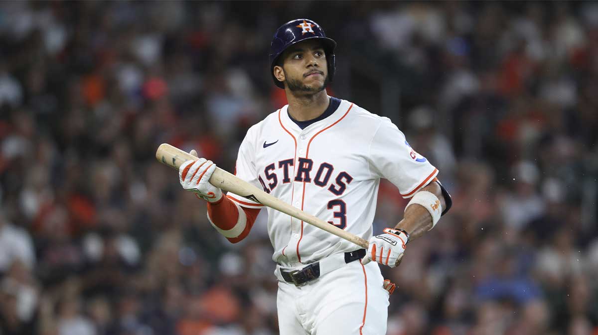 Houston Astros shortstop Jeremy Pena (3) reacts after striking out during the eighth inning against the Minnesota Twins at Daikin Park.