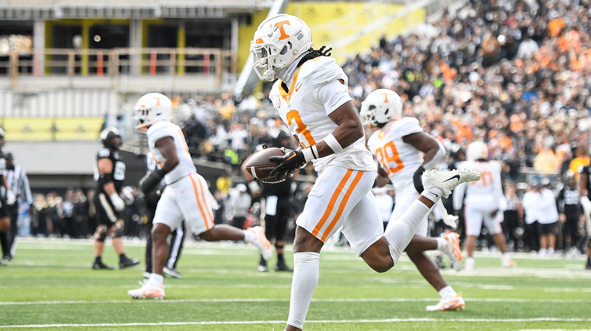 Tennessee Volunteers defensive back Jermod McCoy (3) celebrates the interception against the Vanderbilt Commodores during the first half at FirstBank Stadium.