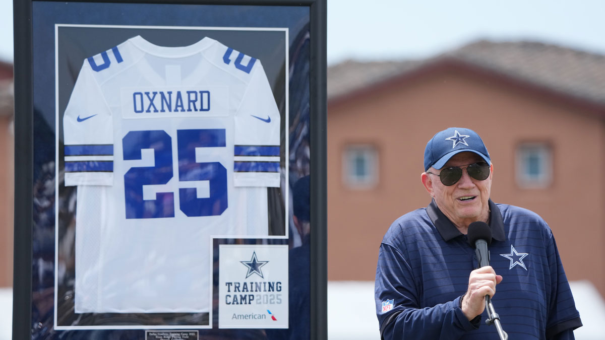 Dallas Cowboys owner Jerry Jones speaks at training camp opening ceremonies at the River Ridge Fields.
